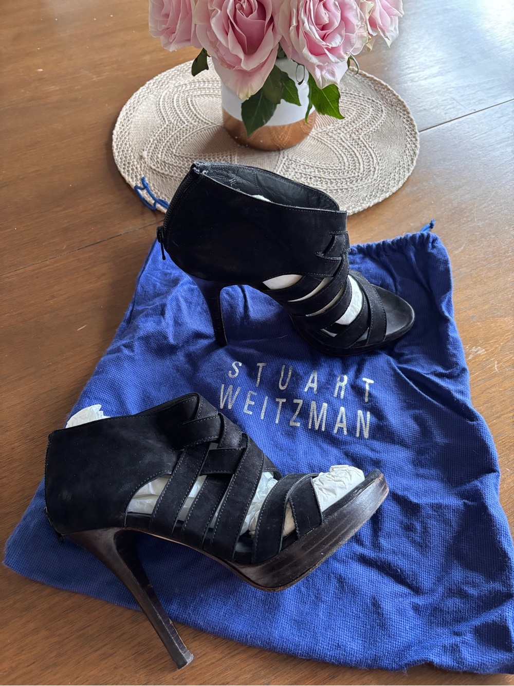 Stuart Weitzman Black Suede Strappy Stiletto Sandals